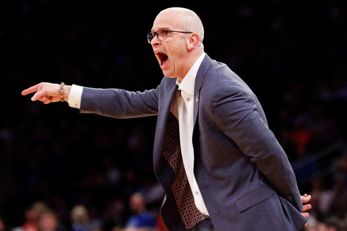 NEW YORK, NEW YORK - MARCH 10: Head coach Dan Hurley of the Connecticut Huskies reacts in the first half against the Seton Hall Pirates during the 2022 Big East Tournament at Madison Square Garden on March 10, 2022 in New York City. (Photo by Tim Nwachukwu/Getty Images)