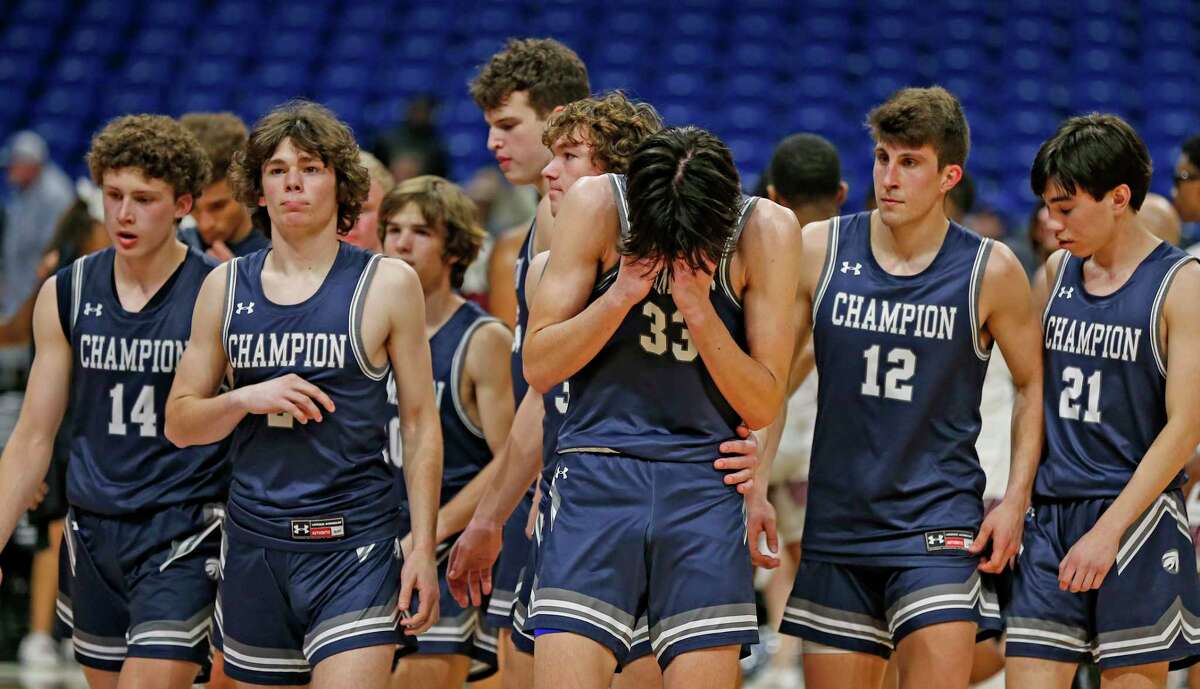 Boerne Champion show their disappointment in their loss. Boerne Champion defeated by Mansfield Timberview 55-43 in Class 5A state semifinal l on Thursday, March 10, 2022 at the Alamodome.