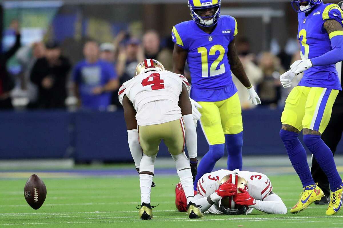 San Francisco 49ers' Jaquiski Tartt drops an interception in 4th quarter during Los Angeles Rams' game-tying drive during Niners' 20-17 loss in NFC Championship game at SoFi Stadium in Los Angeles, Calif., on Sunday, January 30, 2022.