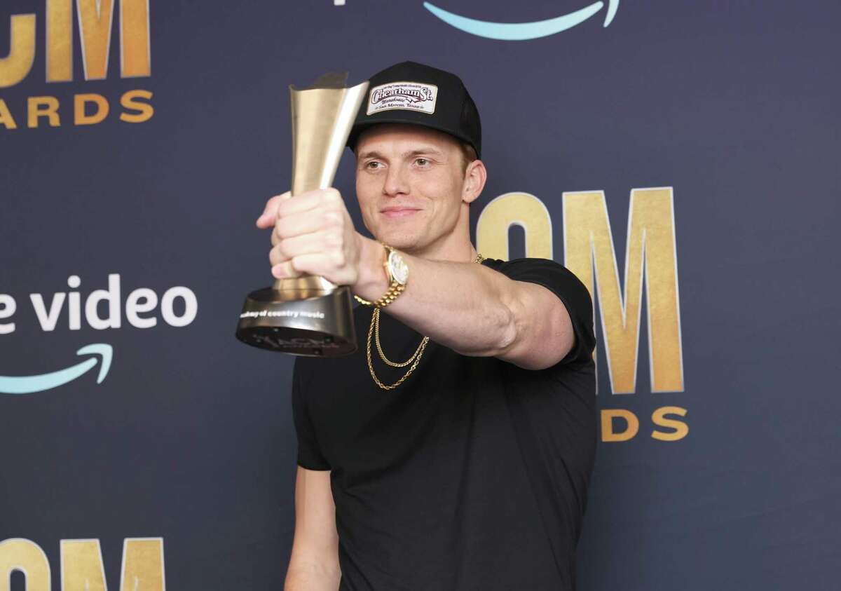 Parker McCollum, winner of New Male Artist of the Year, poses in the press room during the 57th Academy of Country Music Awards at Allegiant Stadium in 2022. 