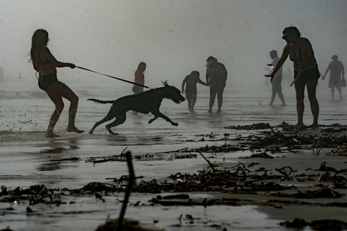 Eleven-year-old Juliet runs with her seven-month-old labradoodle puppy through the fog blanketing the beach, Thursday, Dec. 30, 2021, on Galveston Island. 