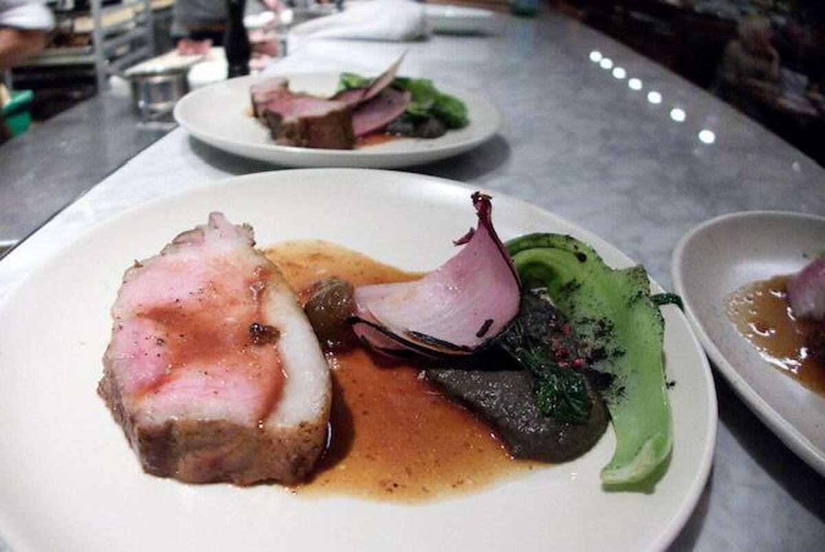 Mangalitsa pork with roasted eggplant and fig from Kosuke Tada’s pop-up at Ordinaire in Oakland.