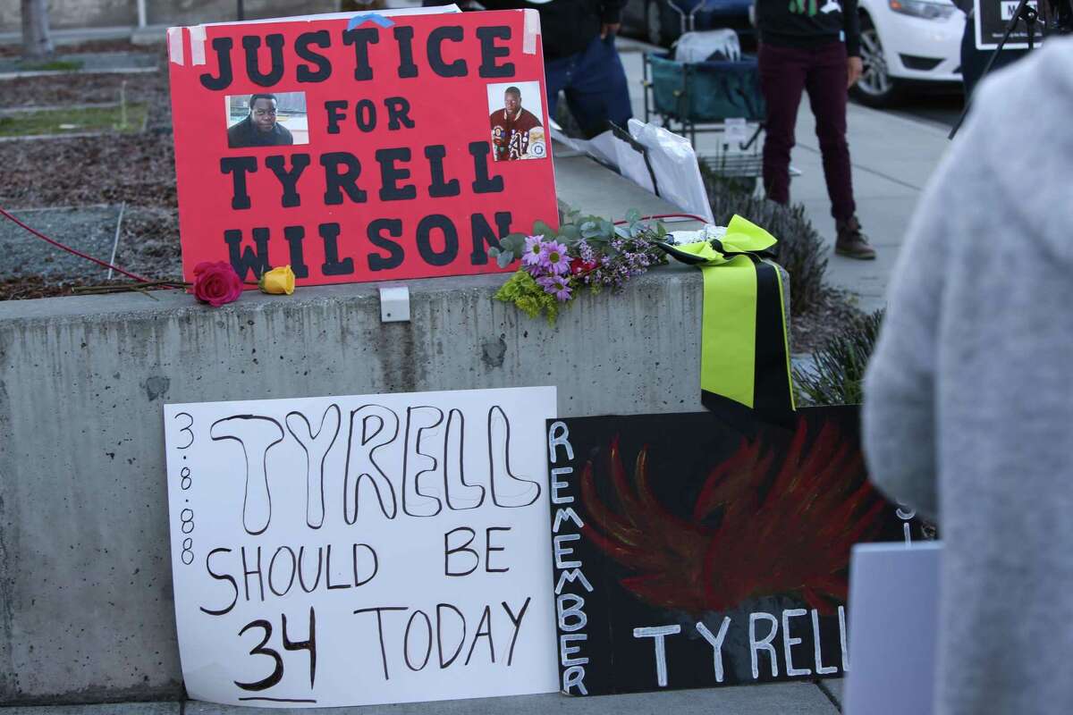 The family of Tyrell Wilson holds a day of remembrance on the same day as his 34th birthday in Martinez, Calif. Wilson was shot and killed by a police officer. Contra Costa County officials awarded his family $4.5 million to settle a wrongful death lawsuit.