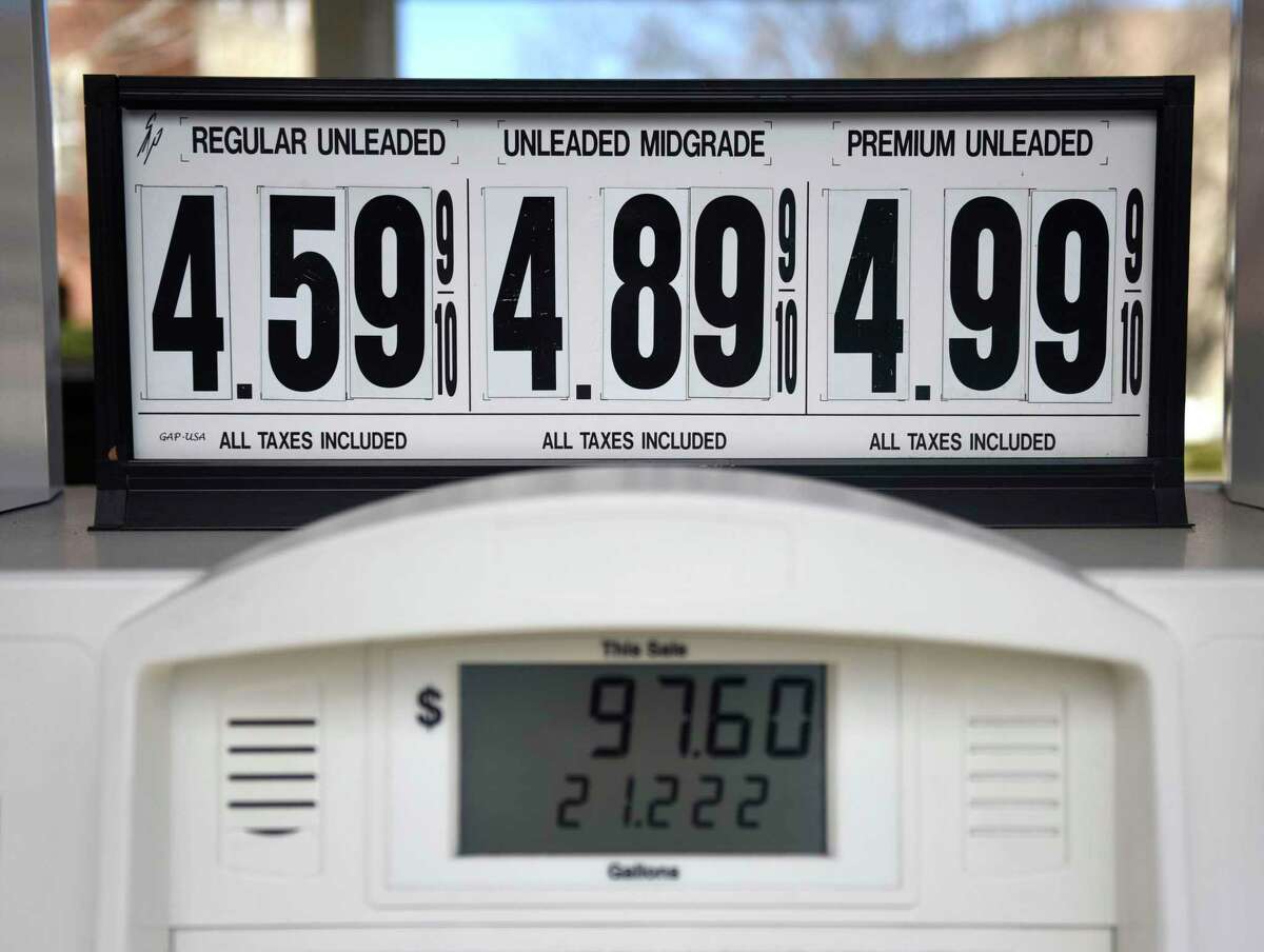 Gas prices ranged from $4.59 to $4.99 per gallon at the West Broad Street Shell station in Stamford, Conn., on Tuesday, March 8, 2022.