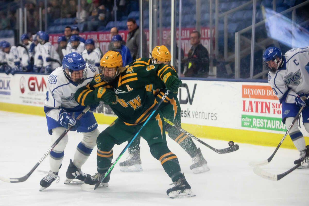 Dow's Nolan Sanders fights for possession during the Chargers' state semifinal victory over Calumet Friday, March 11, 2022 at USA Hockey Arena in Plymouth.