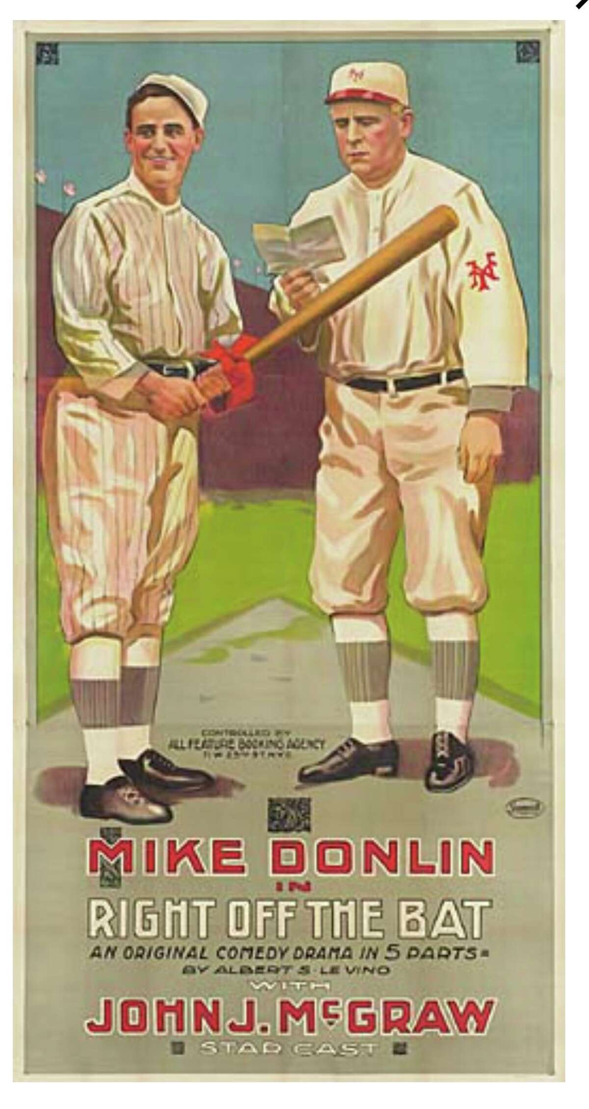 A movie poster for “Right Off the Bat” which was filmed in Winsted in 1915, starring N.Y. Giants outfielder Mike Donlin, left. He is pictured with John McGraw, a Hall of Famer and former Giants manager.