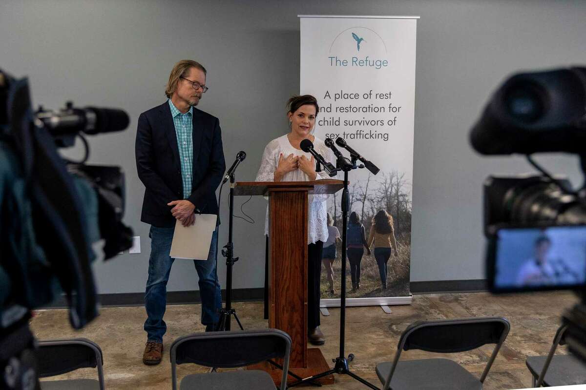 Steven Phenix, communication director, and Brooke Crowder, CEO and founder of The Refuge, speak during a media briefing concerning two separate incidents on the campus of their foster care home for girls who have been sexually trafficked, Friday, Mar., 11, 2022 in Austin. (Stephen Spillman)