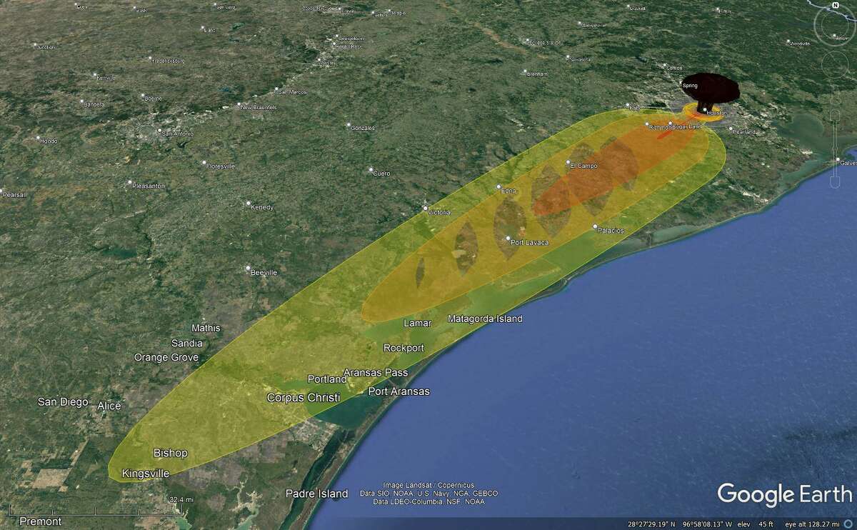 Using NUKEMAP, a nuclear bomb simulator, we can imagine the destruction of a nuclear bomb detonating over Houston - the black mushroom cloud would cover the city, and the yellow and orange fallout would reach to Kingsville, depending on the wind direction.