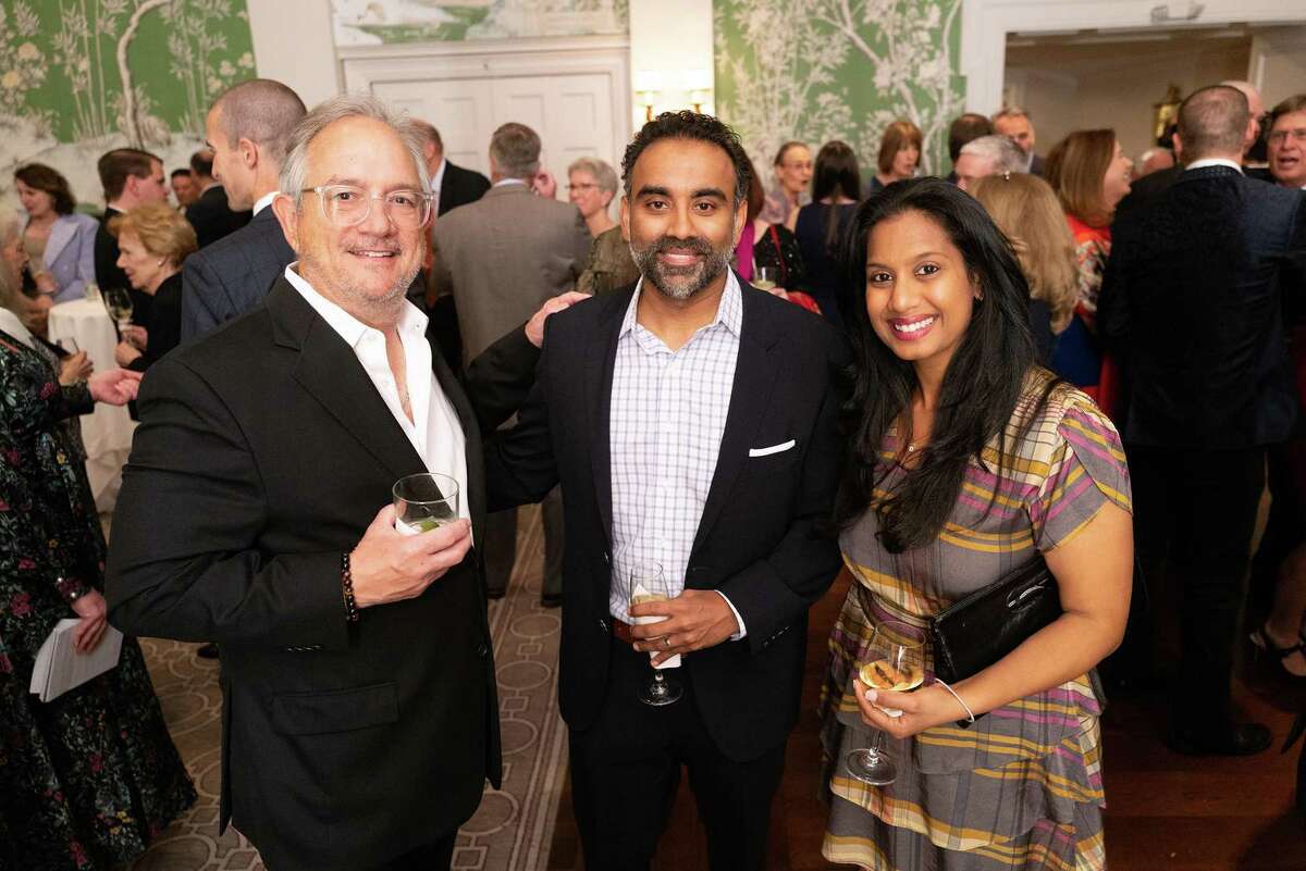 Andrew Kaldis, Prabhath Boya and Aarthi Ram at Preservation Houston's 2022 Cornerstone Dinner at the River Oaks Country Club. Kaldis and Kaldis Development received a Good Brick Award for rehabilitating the Cameron Iron Works (1935-1946) as Ironworks, a mixed-use development in the East End.