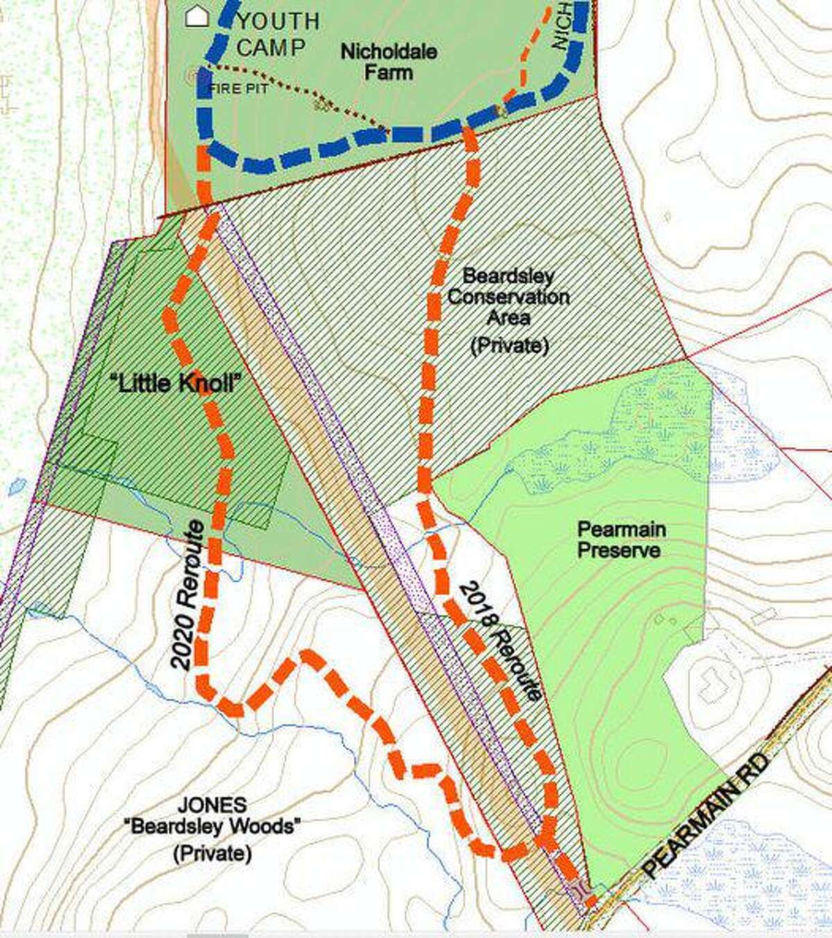 The Board of Aldermen have approved the purchase of Guy Beardsley's 14-acre woodlot located between Nicholdale Farm and Pearmain Road. This is marked "Beardsley Conservation Area" on the map.