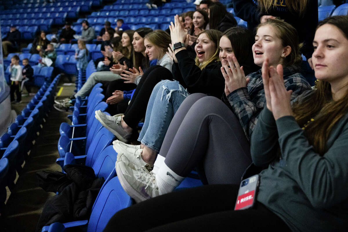 Chemics fans cheer during the their state semifinal loss to Detroit Catholic Central Friday, March 11, 2022 at USA Hockey Arena in Plymouth.