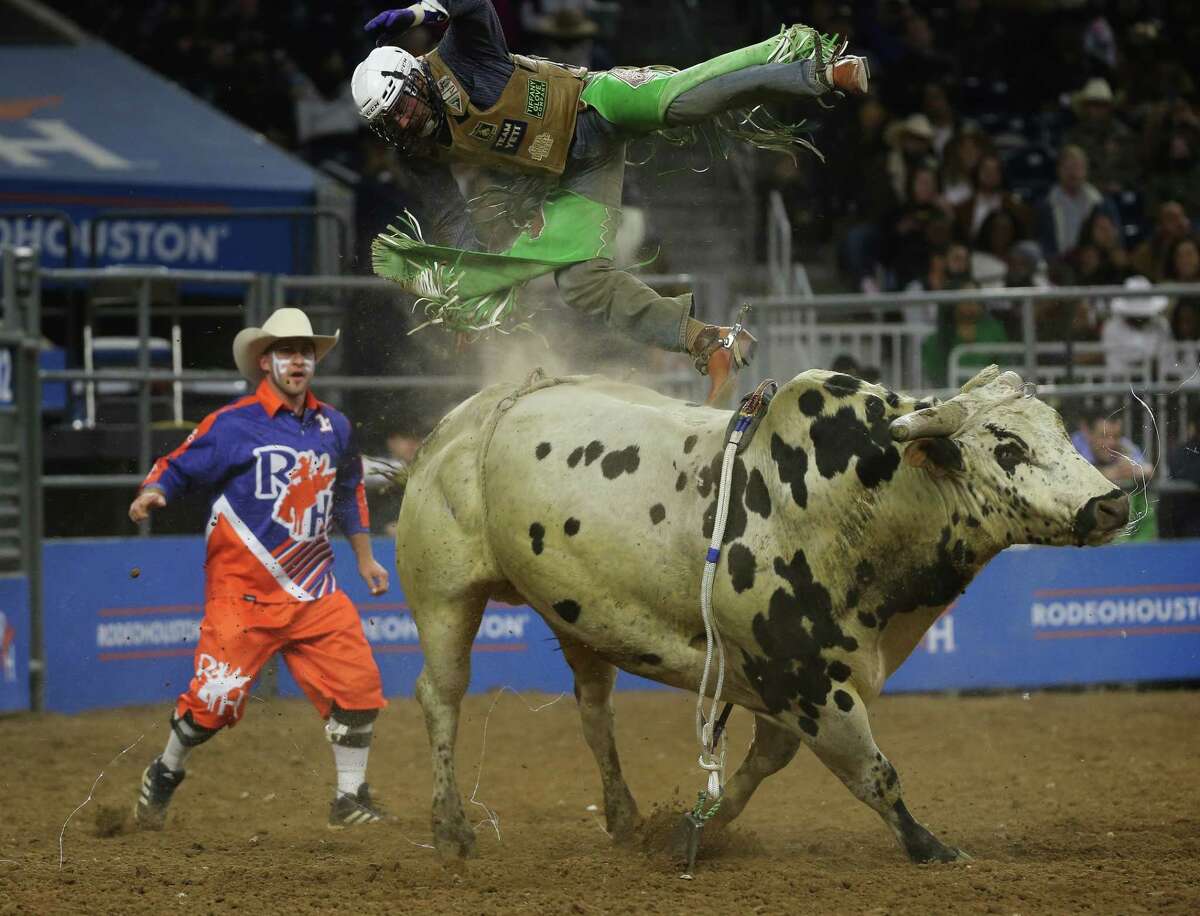 Aaron Williams is bucked off in bull riding during Super Series IV Round 3 at the Houston Livestock Show and Rodeo Friday, March 11, 2022, at NRG Stadium in Houston.
