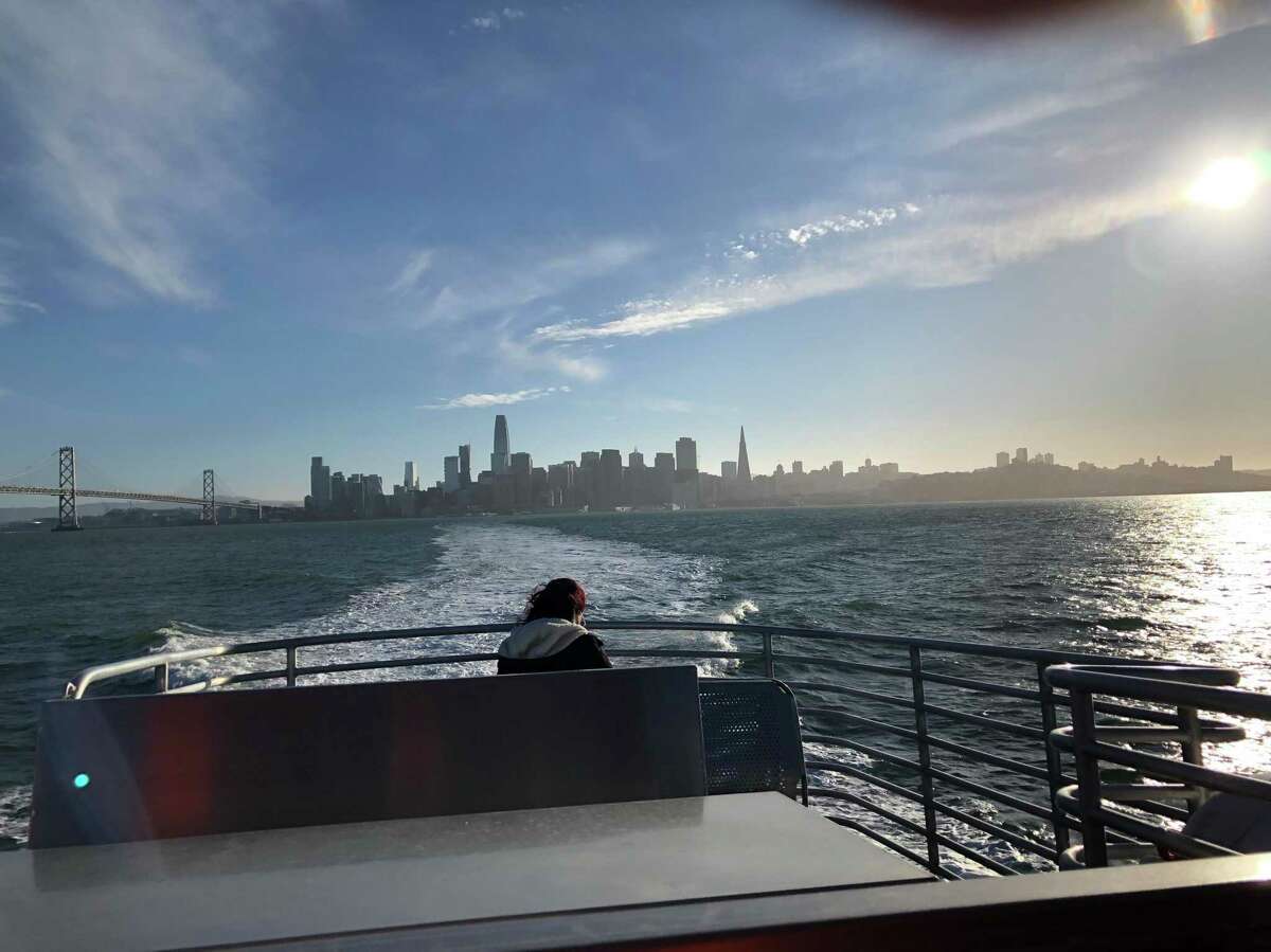 The new ferryboat Sammy J traverses the bay between Treasure Island and mainland San Francisco.