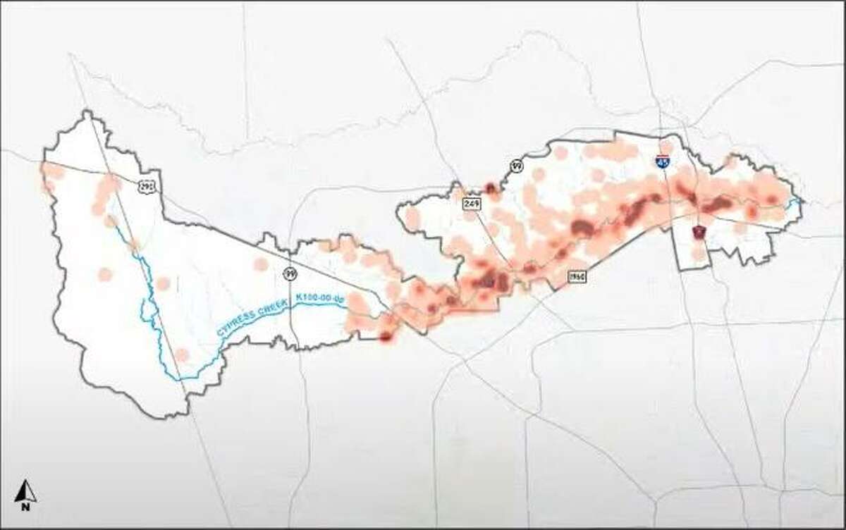 A heat map of flooded structures in Cypress Creek from Hurricane Harvey. The Harris County Flood Control District is planning to build 23 additional detention basins to prevent further flooding in the area.