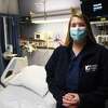 Nurse Jillian Hirschauer, of Brookfield, in the Norwalk Hospital ICU, where she has worked throughout the pandemic.