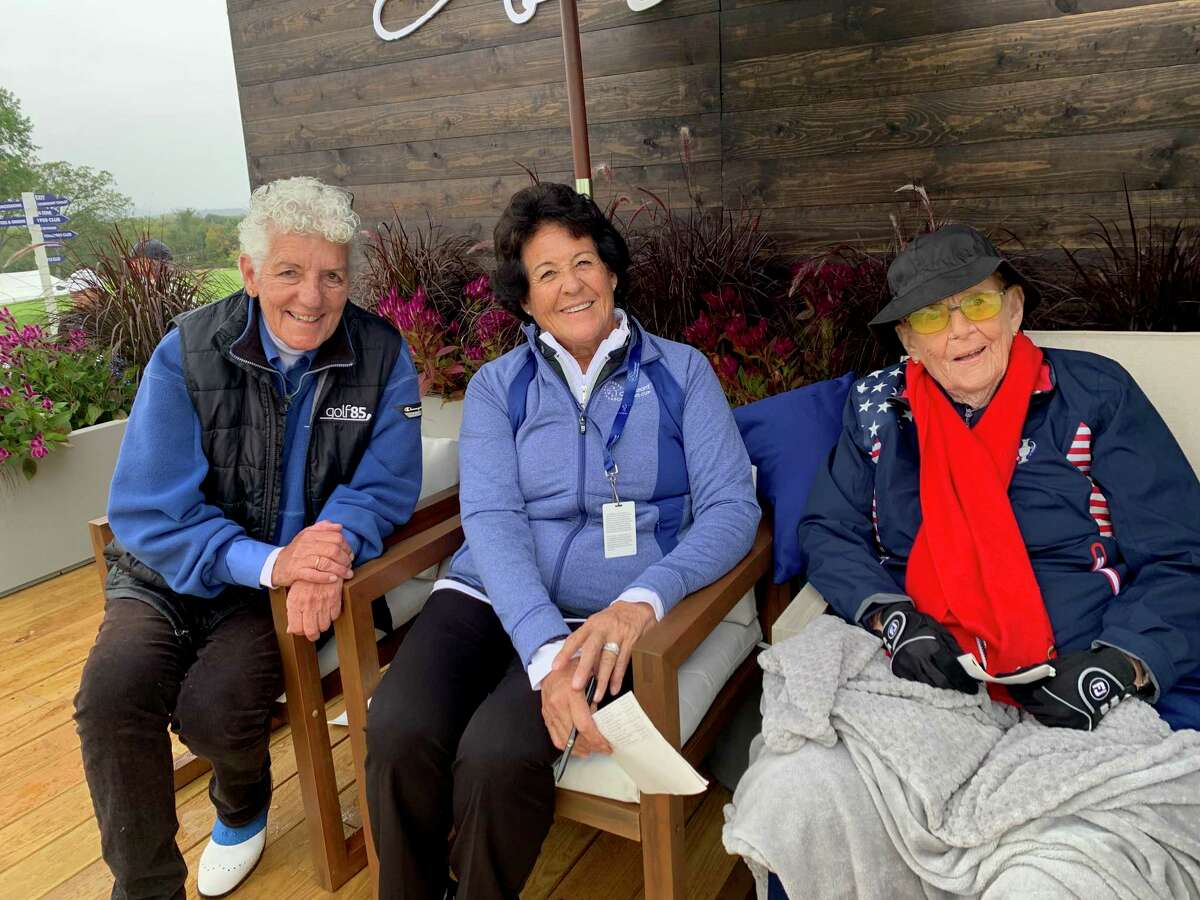 Kay McMahon, LPGA and PGA teaching professional based in the Capital Region and Orlando, with Nancy Lopez and LPGA founder Shirley Spork, at the LPGA Cognizant Founders Cup on Oct.10, 2021 (Provided)
