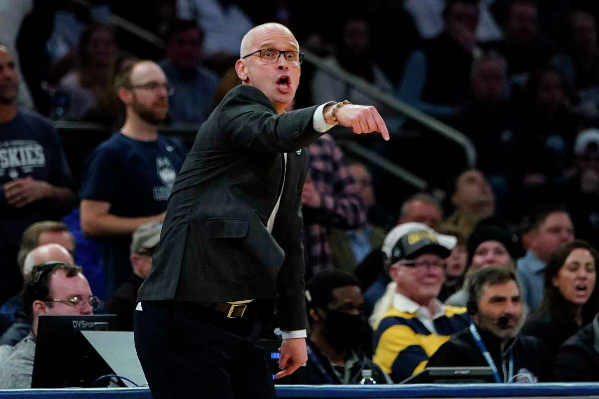 UConn coach Dan Hurley calls to his team during the second half against Villanova in a Big East semifinal Friday in New York.