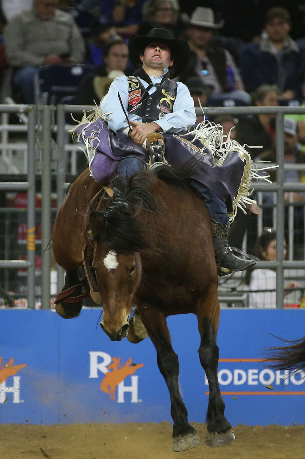 Cole Reiner, representing RODEOHOUSTON, scores 85 in bareback riding to win the Super Shootout at the Houston Livestock Show and Rodeo Saturday, March 12, 2022, at NRG Stadium in Houston.