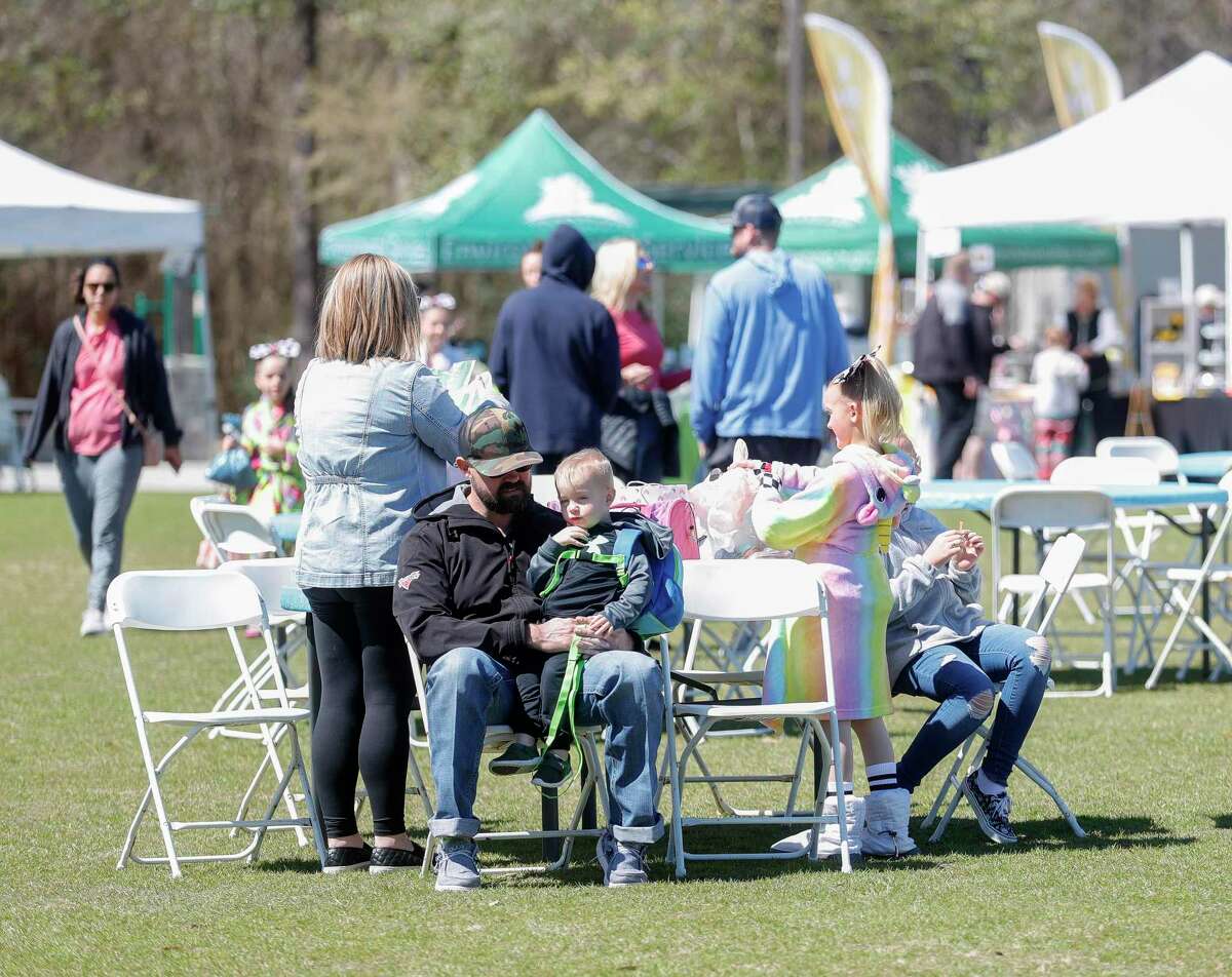 Families listen to music during Arts in the Park at Northshore Park, Saturday, March 12, 2022, in The Woodlands. The annual free event featured local vendors with original artwork, live ,music and children’s activities.