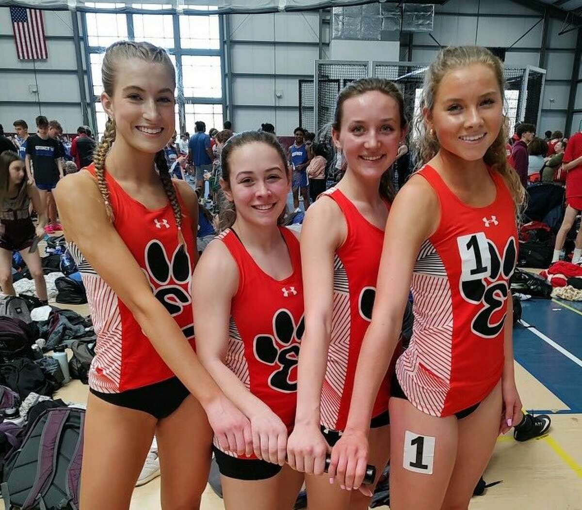 Edwardsville's 3,200-meter relay team of Maya Lueking, Olivia Coll, Emily Nuttall and Riley Knoyle finished in first place at the Jersey Winter Thaw on Saturday in Elsah.