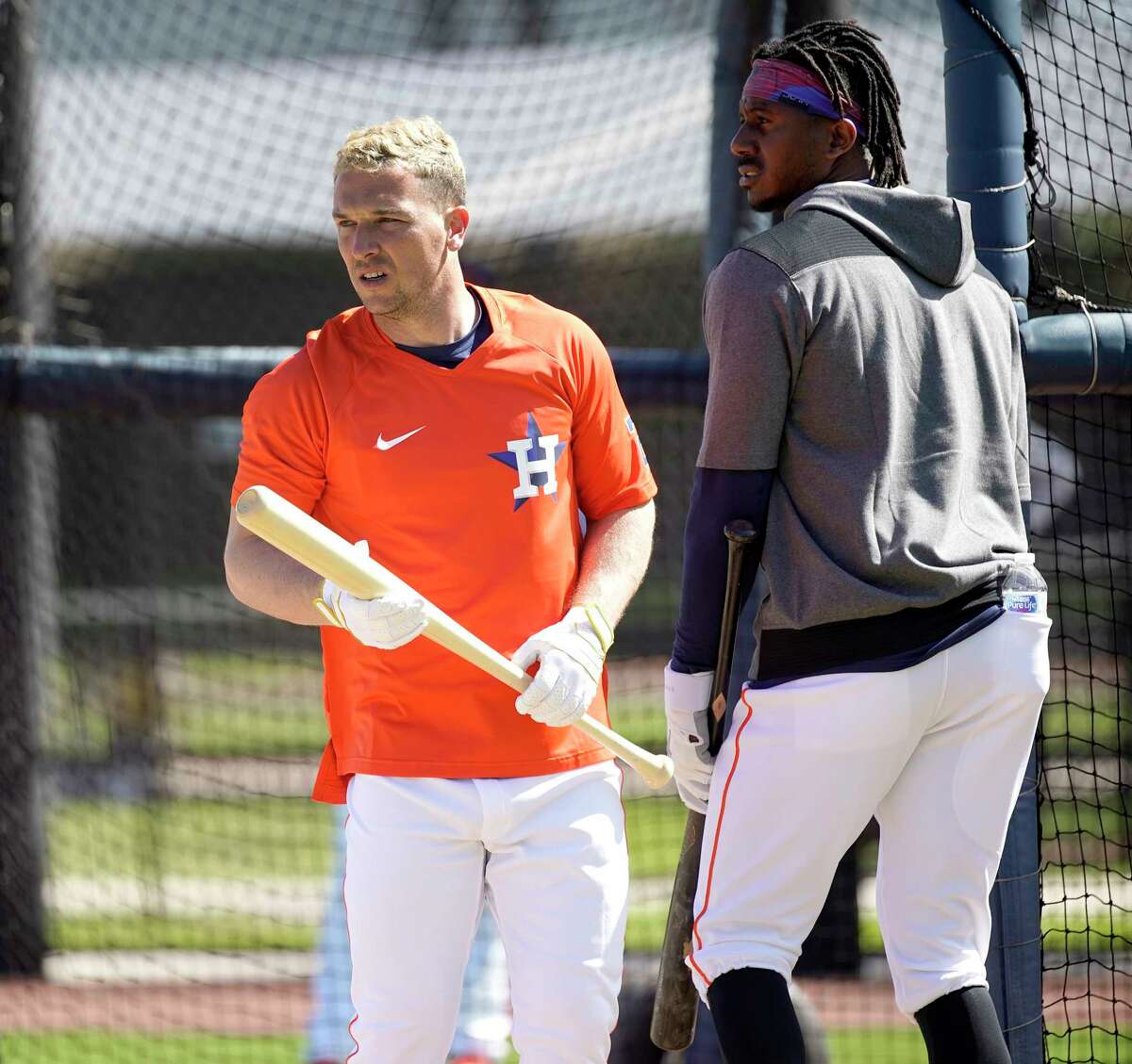 Houston Astros Alex Bregman and Lewis Brinson as Houston Astros players reported to spring training camp after the MLB lockout ended last week at The Ballpark of the Palm Beaches on Sunday, March 13, 2022 in West Palm Beach .