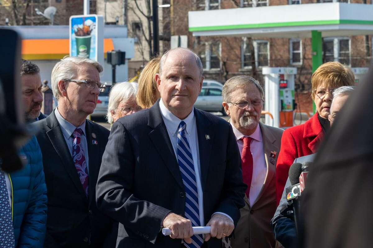 State Sen. Kevin Kelly joined fellow Connecticut Senate and House Republicans outside the Capitol Thursday, March 10, 2022, in calling on state lawmakers to temporarily suspend the state gross receipts tax on gasoline as gas prices continue to surge.