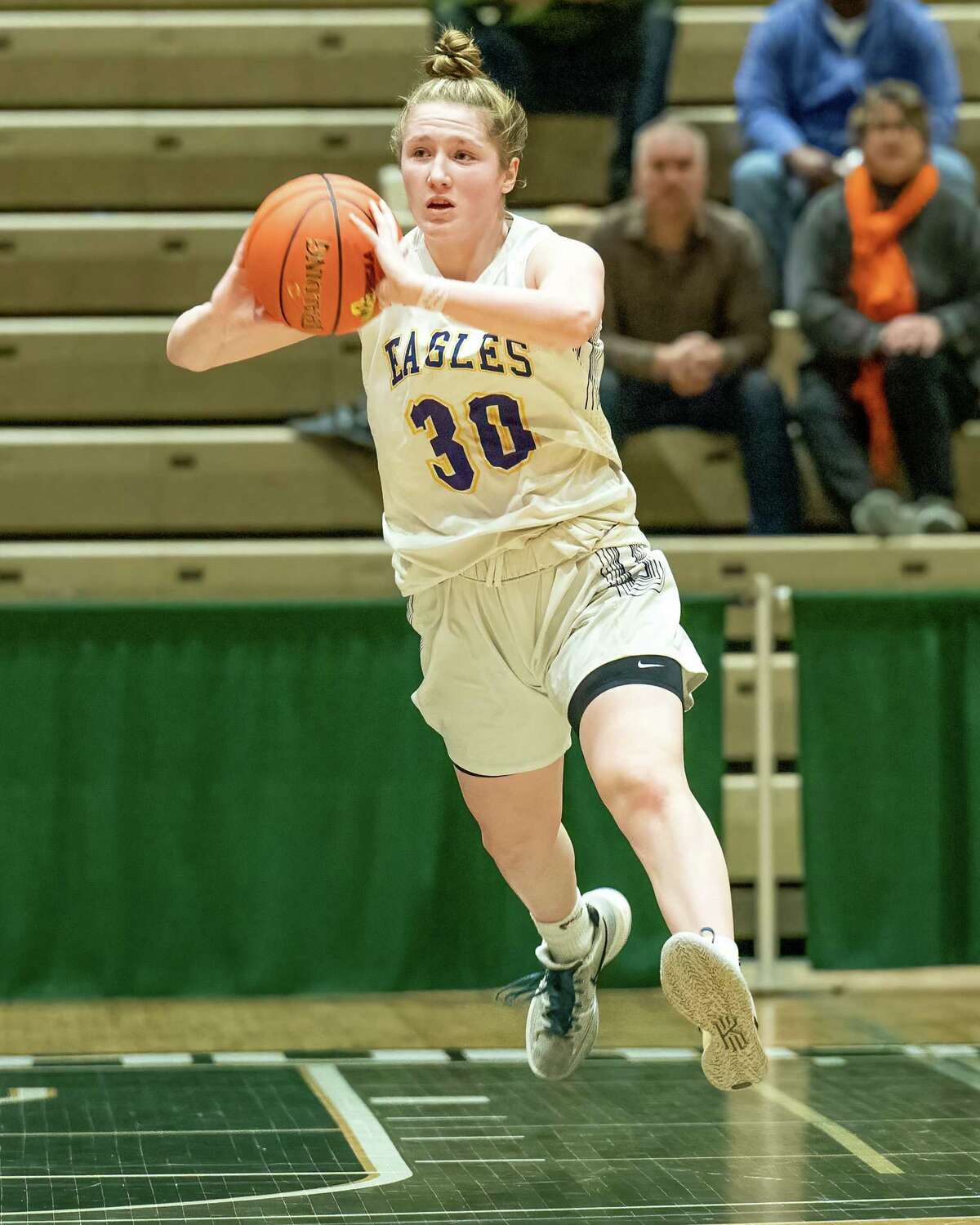 Duanesburg sophomore Allison O’Hanlon starts a fast break during the state Class C quarterfinals against Northern Adirondack at Hudson Valley Community College in Troy, NY, on Sunday, March 13, 2022. (Jim Franco/Special to the Times union)