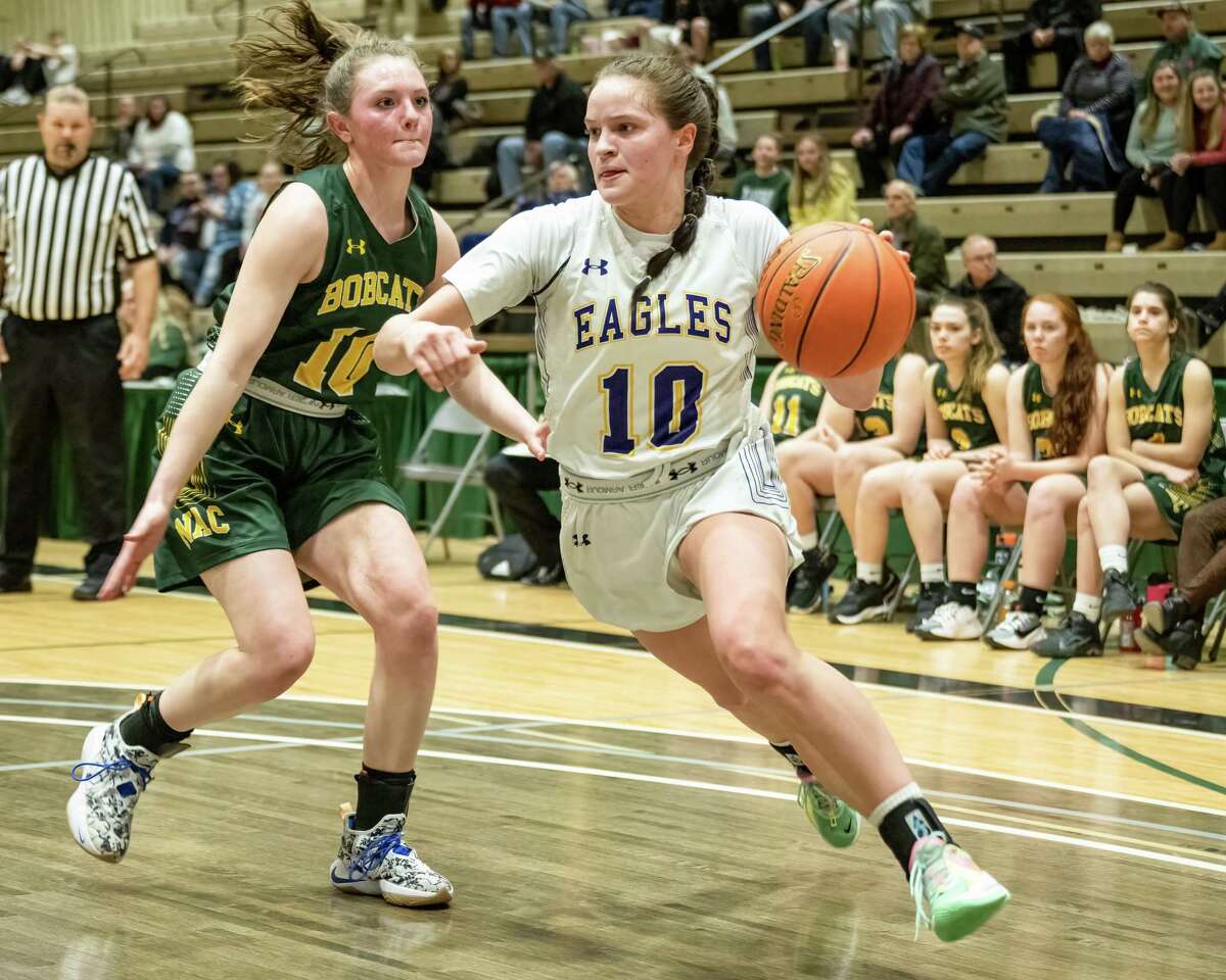 Duanesburg senior Madison Meyer dribbles up court during the state Class C quarterfinals against Northern Adirondack. The win in that game put the Eagles in the state final four in Meyers' sixth season.