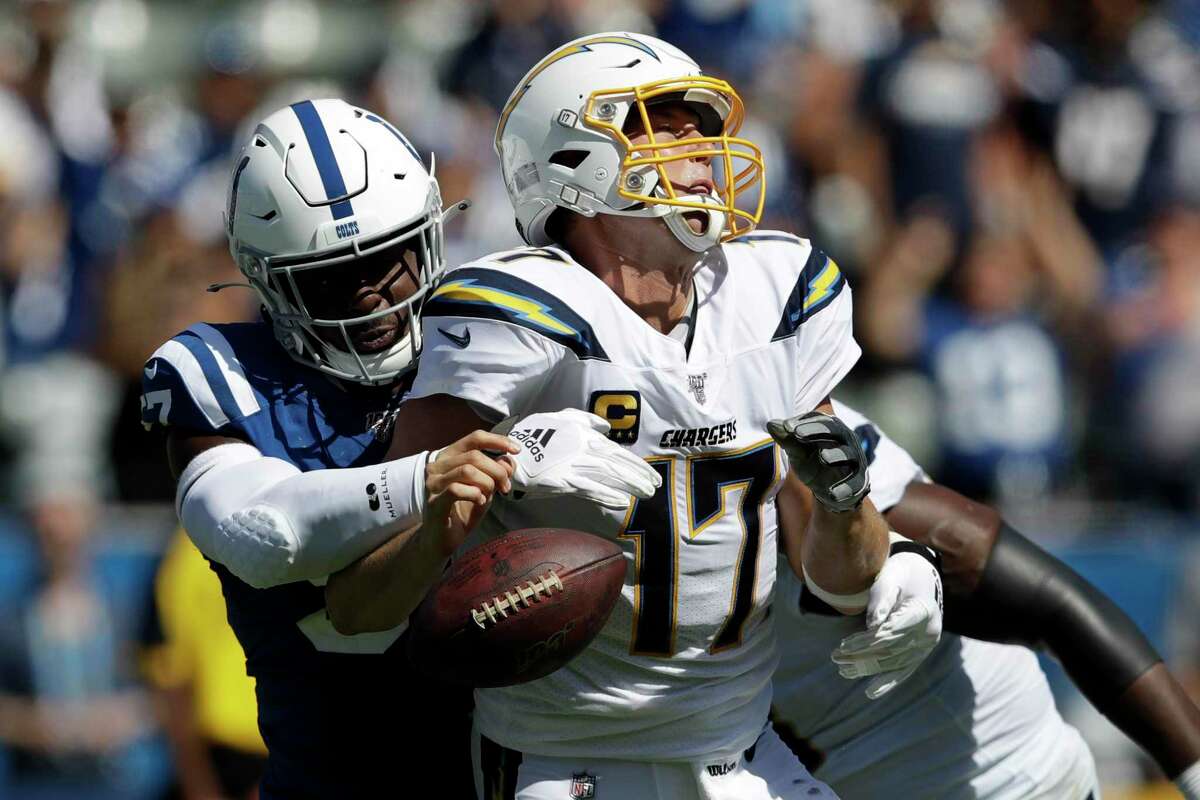 Colts defensive end Kemoko Turay, trying to get at the ball after sacking Chargers quarterback Philip Rivers in 2019, could be a possible free agent pickup by the 49ers. He played in just 11 of 32 games from 2019-2020 due to a broken ankle.