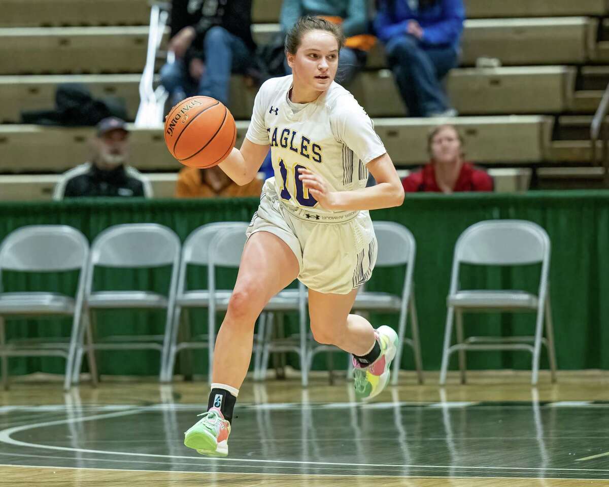 Duanesburg senior Madison Meyer dribbles up court during the state Class C state quarterfinal against Northern Adirondack at Hudson Valley Community College. Meyer had 26 points in the win.