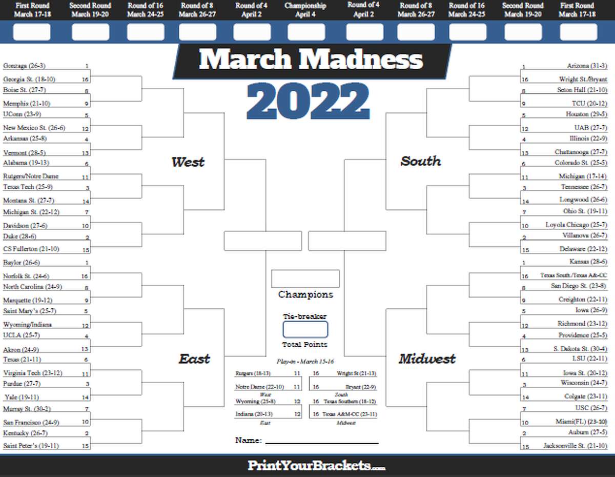 Here's a printable NCAA basketball bracket for your March Madness picks