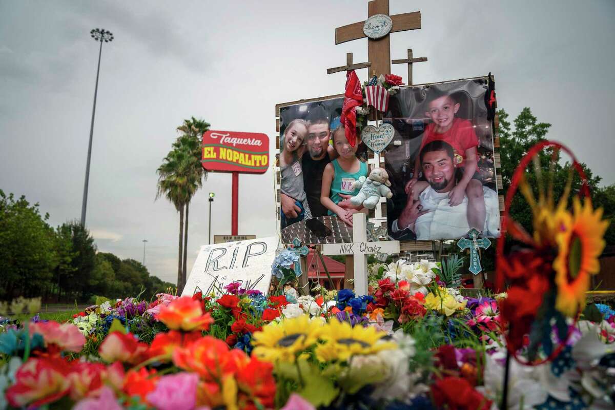 A tribute to Nicolas Chavez, 27, who was shot and killed April 21 by several police officers during a confrontation in Denver Harbor, sits at the site of the shooting along Interstate 10, Thursday, Sept. 10, 2020 in Houston.