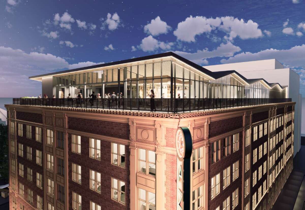 Here's a closer look at the rooftop lounge above the Aztec Theatre.