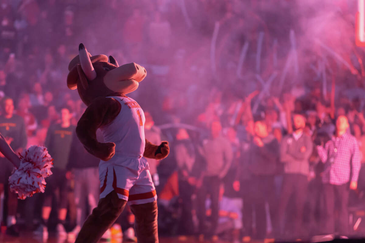Hook 'Em mascot during the opening fireworks of the game between Texas Longhorns and Baylor Bears on February 28, 2022, at Frank Erwin Center in Austin, TX.