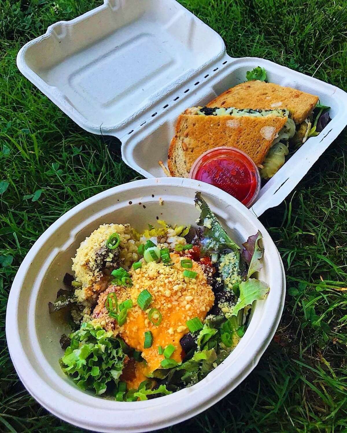 A Zen Buddha bowl and vegan grilled cheese sandwich from GMonkey, which will open a brick-and-mortar restaurant in West Hartford this summer.