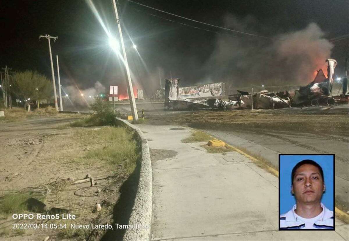 Cartel Del Noreste leader Juan Gerardo Treviño Chavez, also known as “El Huevo,” was arrested in Nuevo Laredo, Mexican federal officials announced Monday, March 14, 2022. In response, cartel members allegedly burned trucks for blockades and fired weapons in the city in the early hours of Monday morning. Pictured is a burned 18-wheeler blocking a main avenue.