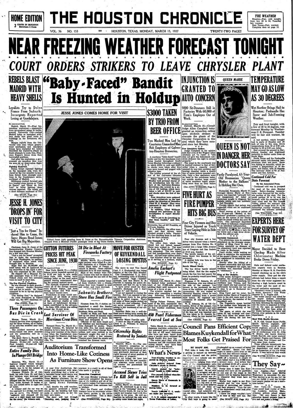 Houston Chronicle front page for March 15, 1937.