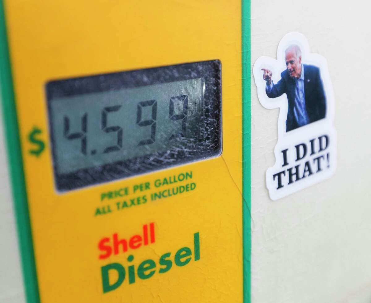 A sticker depicting President Joe Biden is seen pointing toward the price of diesel fuel exceeding $4 at a Houston-area gas station. Prices rose above $4 a gallon in San Antonio this week.