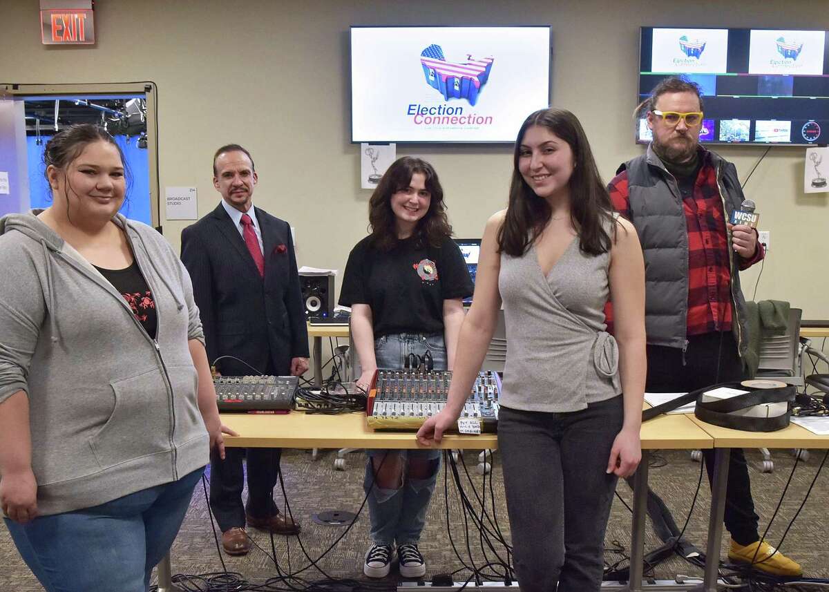 (l-r, front row): Producer/Director Bianca Pasqualone, Associate Producer Sophie Baluzy; (l-r, back row): Professor of Communication & Media Arts Dr. JC Barone, Technical Director Nicole Speziale and Field Reporter Clint Sosna — just some of the award-winning “Election Connection” production team.