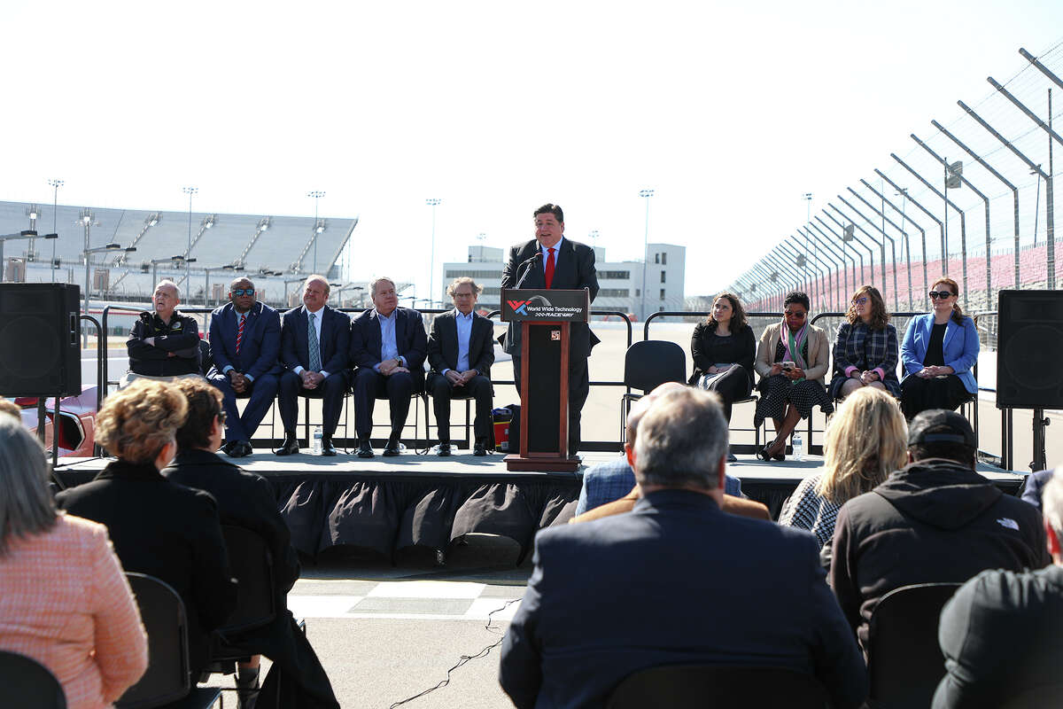 Illinois Governor JB Pritzker addresses the crowd during the announcement of the sponsor of World Wide Technology Raceway’s NASCAR Cup Series race on June 5. The venue's inaugural Cup Series race will be called the Enjoy Illinois 300.