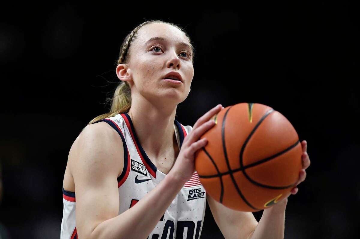 UConn’s Paige Bueckers in the first half of an NCAA college basketball game, Sunday, Feb. 27, 2022, in Storrs.