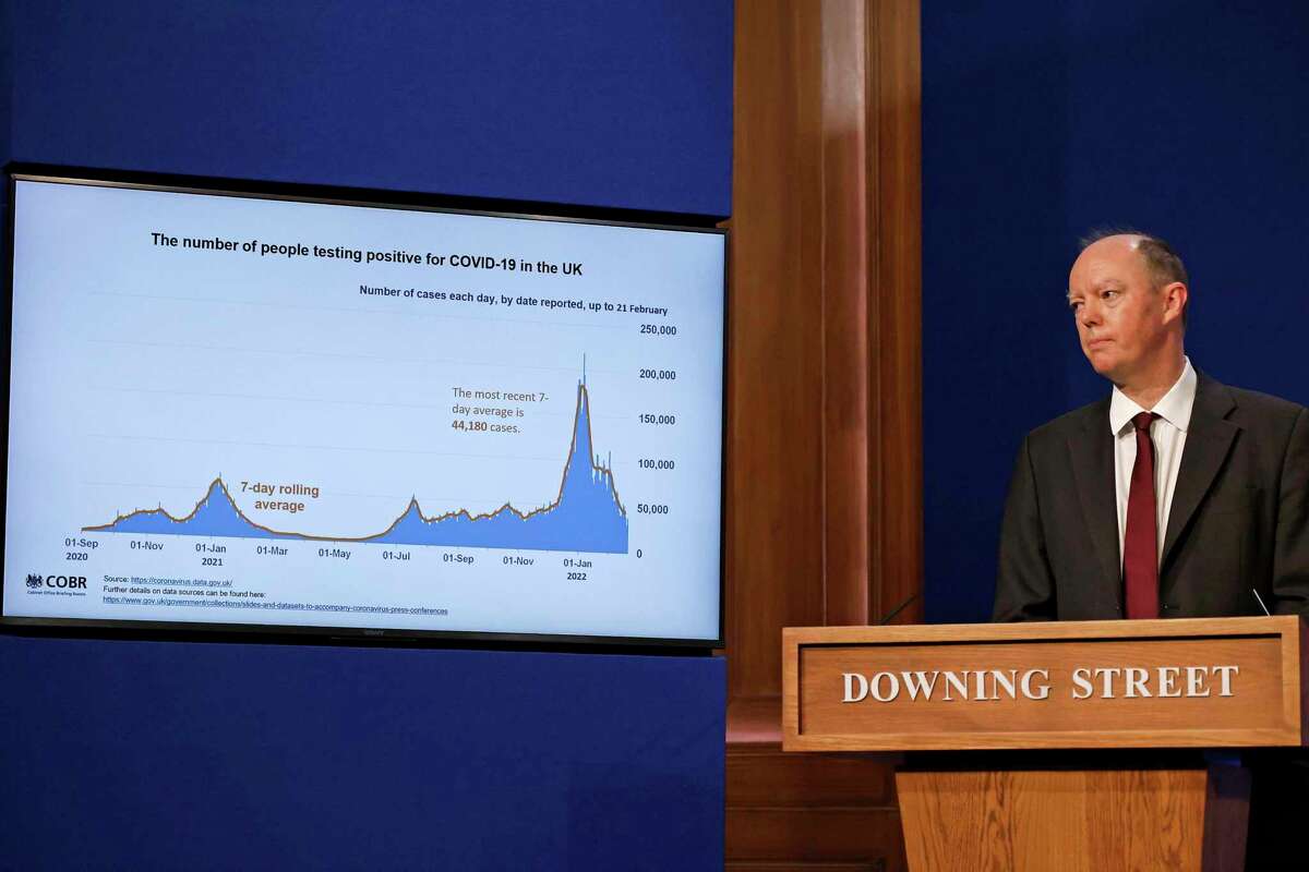 Chief medical officer Sir Chris Whitty during a media briefing in Downing Street, London, Monday Feb. 21, 2022, to outline the government's new long-term COVID-19 plan.