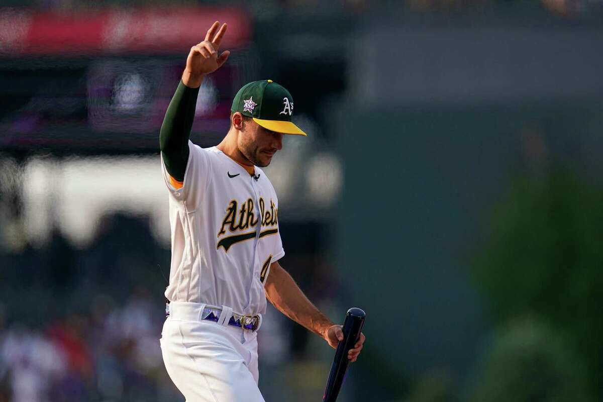 DENVER, COLORADO - JULY 12: Matt Olson #28 of the Oakland Athletics (wearing #44 in honor of Hank Aaron) waves during the 2021 T-Mobile Home Run Derby at Coors Field on July 12, 2021 in Denver, Colorado. (Photo by Matt Dirksen/Colorado Rockies/Getty Images)