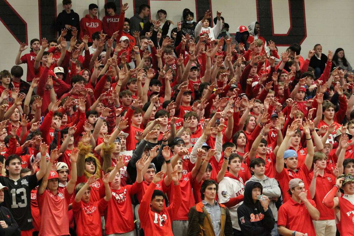 Fairfield Prep fans watch the Jesuits take on NFA in the CIAC Division I boys basketball quarterfinals on Monday, March 14, 2022 at Warde High School in Fairfield, Conn.