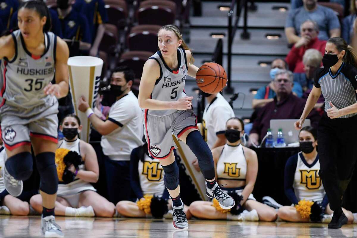 Connecticut's Paige Bueckers in the second half of an NCAA college basketball game in the Big East tournament semifinals at Mohegan Sun Arena, Sunday, March 6, 2022, in Uncasville, Conn.