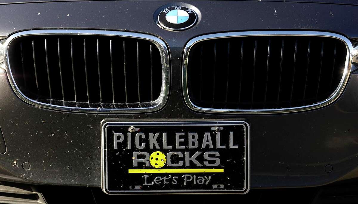 A pickleball enthusiast’s car at the Goleta Valley Community Center.