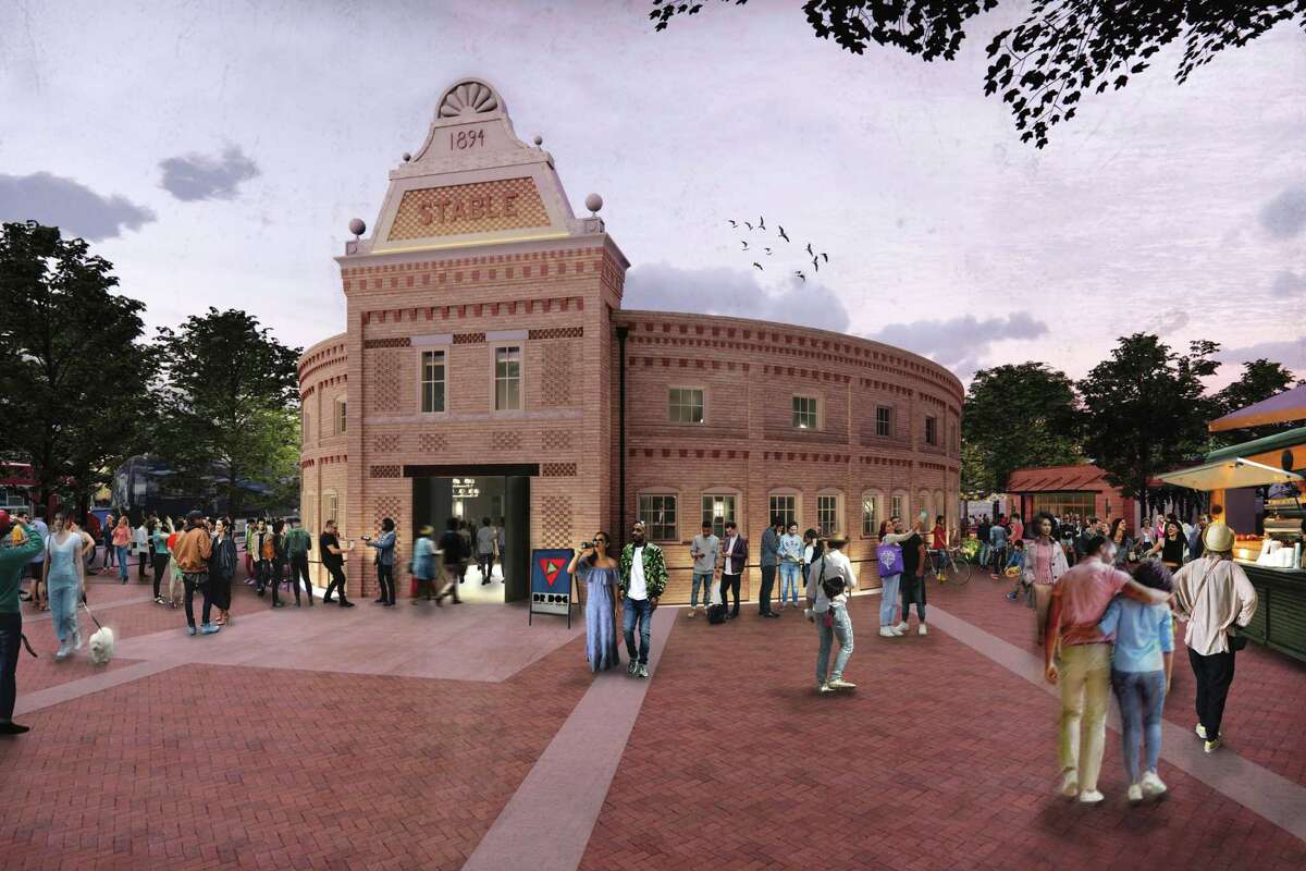 A rendering shows the exterior of the Stable Hall, a future concert venue that the Pearl Stable is being transformed into. It is slated to open in 2023. The newly formed company Potluck Hospitality is overseeing the renovation.