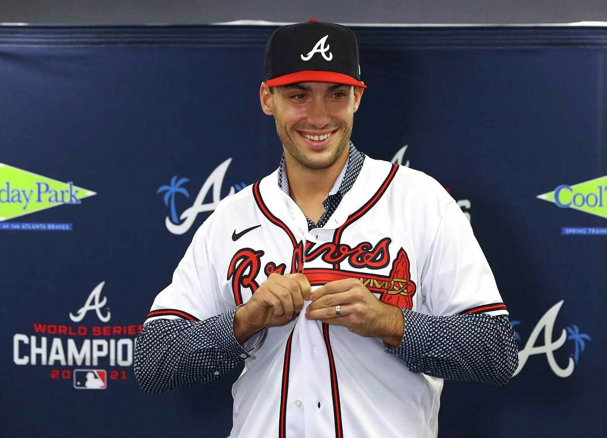 Atlanta Braves baseball team newly acquired All-Star first baseman Matt Olson smiles during an introductory press conference in North Port, Fla., Tuesday, March 15, 2022. The Braves signed Olson to a $168 million, eight-year contract.(Curtis ComptonAtlanta Journal-Constitution via AP)
