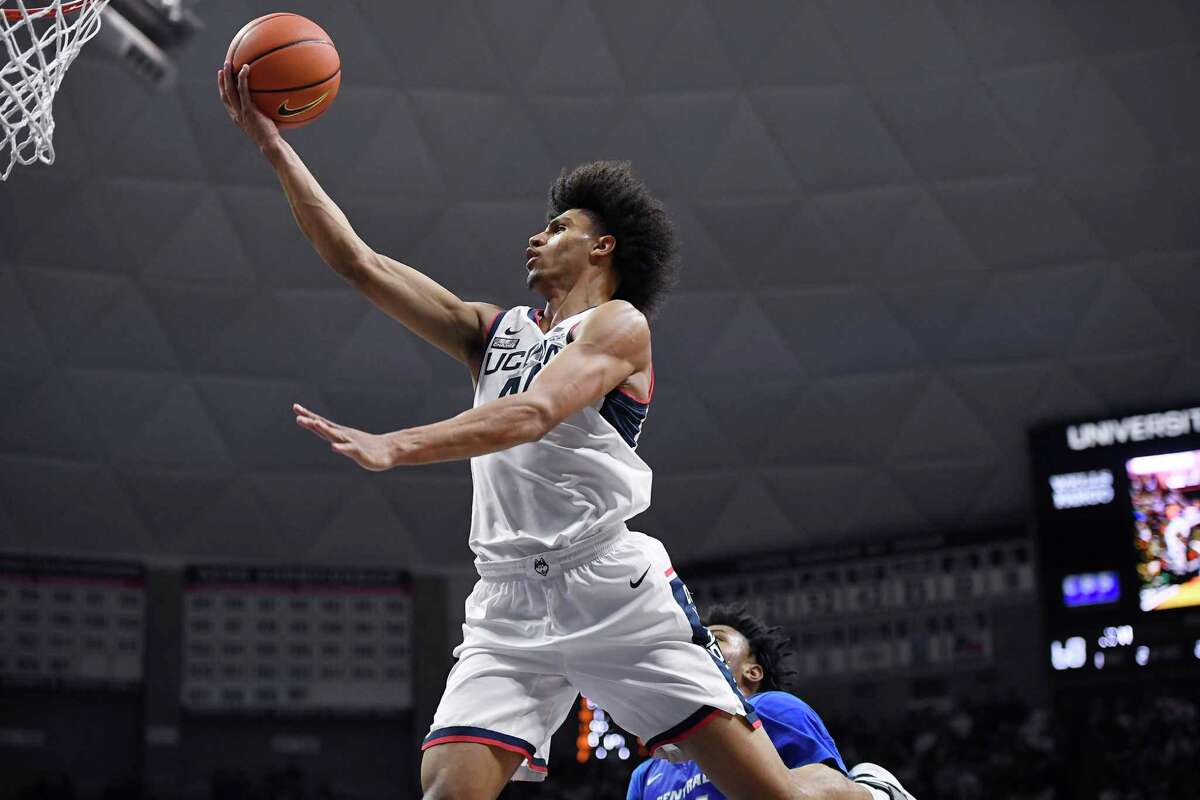Connecticut's Andre Jackson in the second half of an NCAA college basketball game, Tuesday, Nov. 9, 2021, in Storrs, Conn. (AP Photo/Jessica Hill)