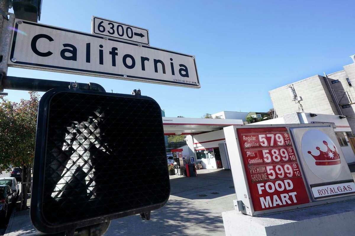 A price board at a gas station on California Street in San Francisco is shown on March 7, 2022. Bay Area drivers may see some relief at the pump as oil prices declined this week, according to petroleum-industry experts.